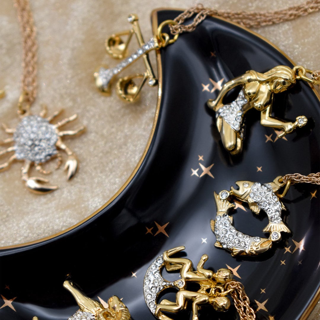 Vintage Gold Electroplated Zodiac Pendant Necklace with Austrian Crystals jewelry image 1