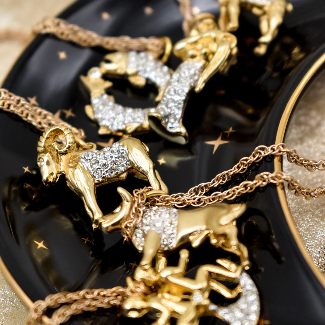 Vintage Gold Electroplated Zodiac Pendant Necklace with Austrian Crystals jewelry image 1