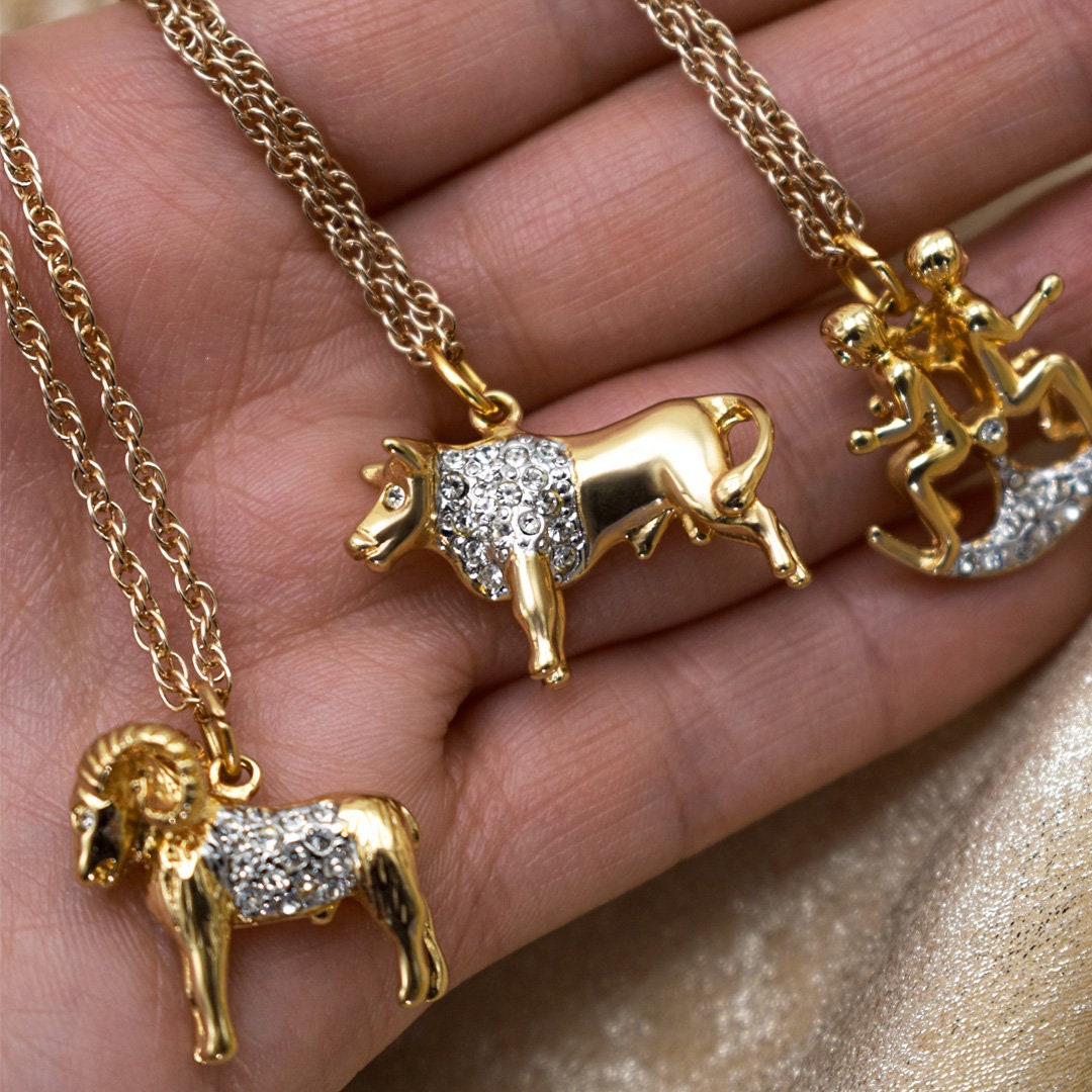 Vintage Gold Electroplated Zodiac Pendant Necklace with Austrian Crystals jewelry image 1