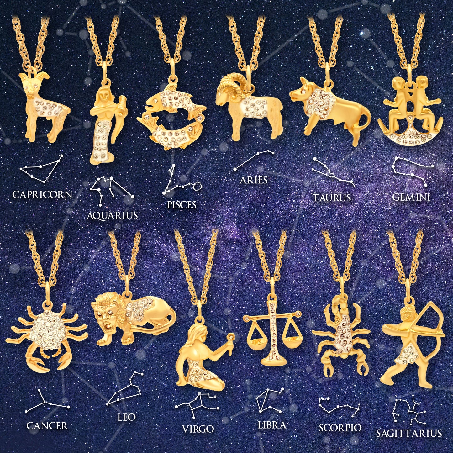 Vintage Gold Electroplated Zodiac Pendant Necklace with Austrian Crystals jewelry image 1