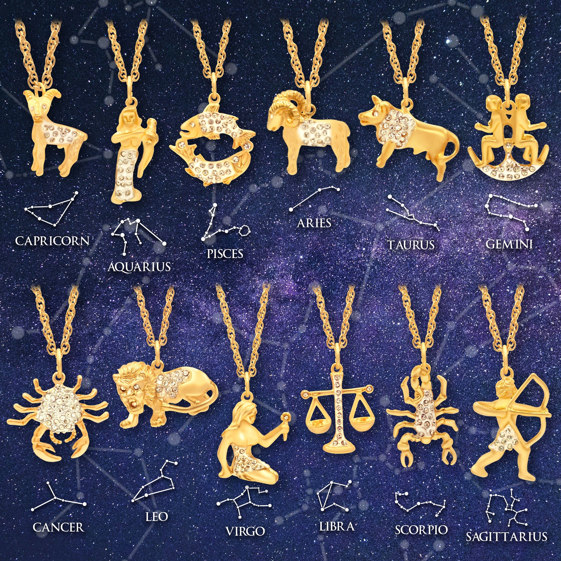 Vintage Gold Electroplated Zodiac Pendant Necklace with Austrian Crystals jewelry image 1
