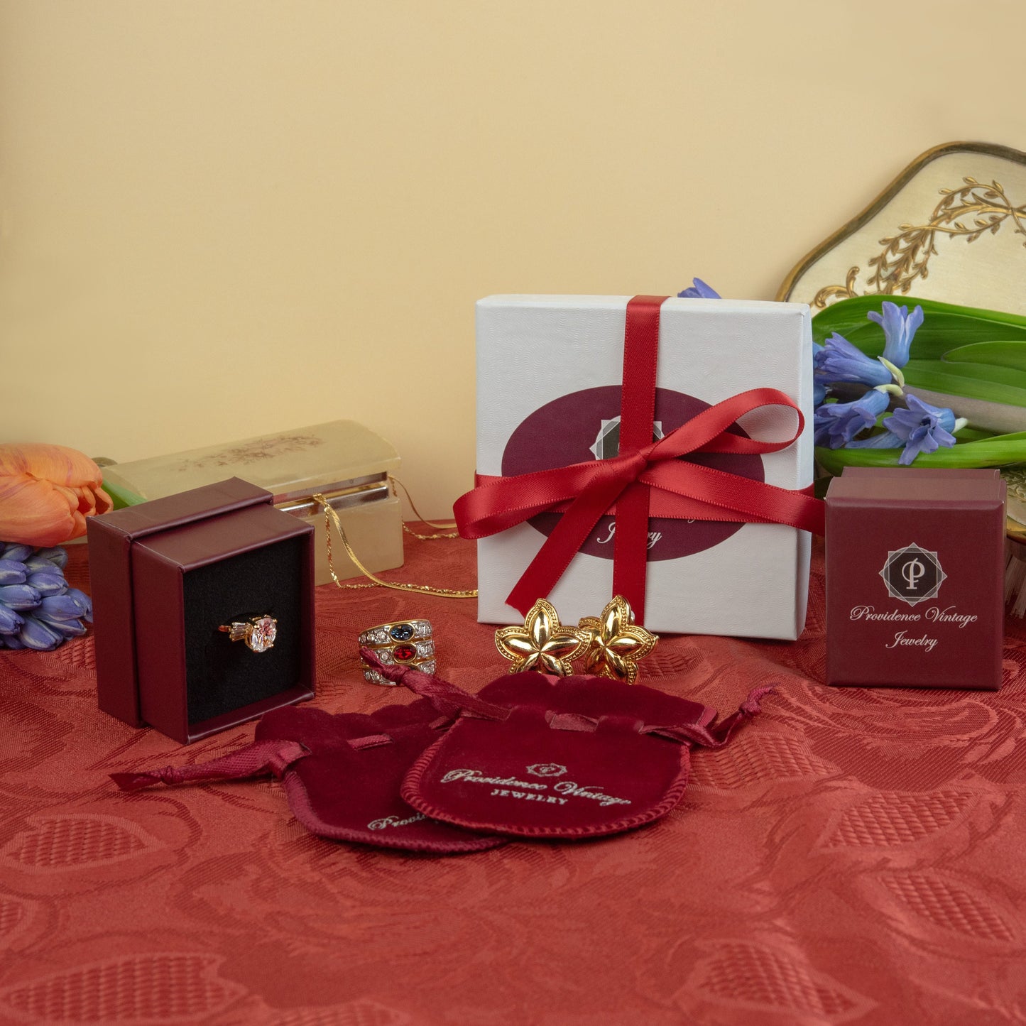 Vintage 1980s Pear Cut Ruby Crystal Ring with Austrian Crystal Accents – 18k Gold Electroplated jewelry image 1