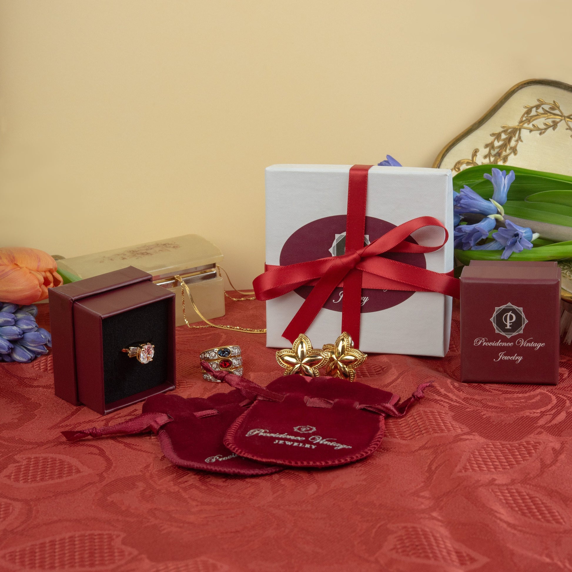 Vintage 1980s Pear Cut Ruby Crystal Ring with Austrian Crystal Accents – 18k Gold Electroplated jewelry image 1