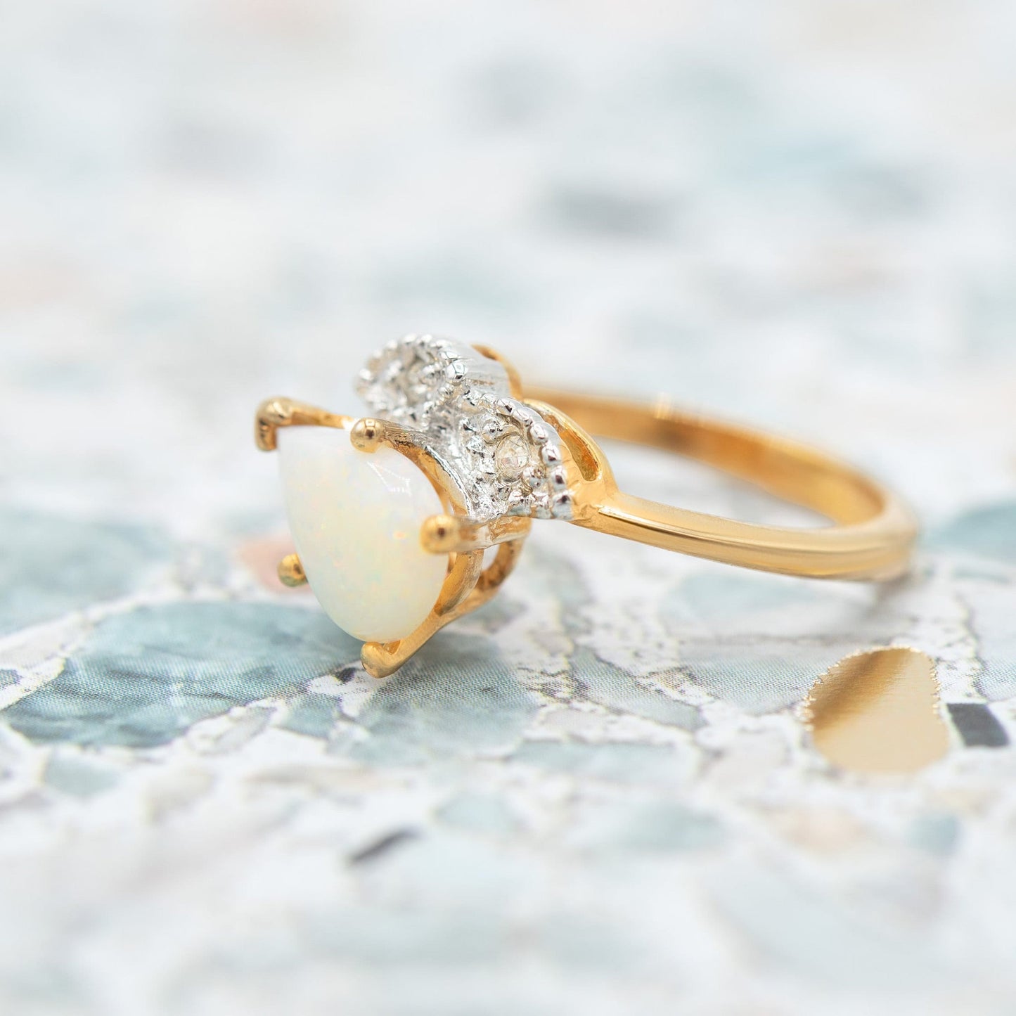 Vintage 1980s Genuine Opal Pear Cut Ring with Austrian Crystal Accents – 18k Gold Electroplated jewelry image 1