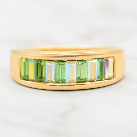 Vintage 1970s Peridot Green Austrian Crystal Baguette Band Ring - 18k Gold Electroplated - Made in USA jewelry image 1