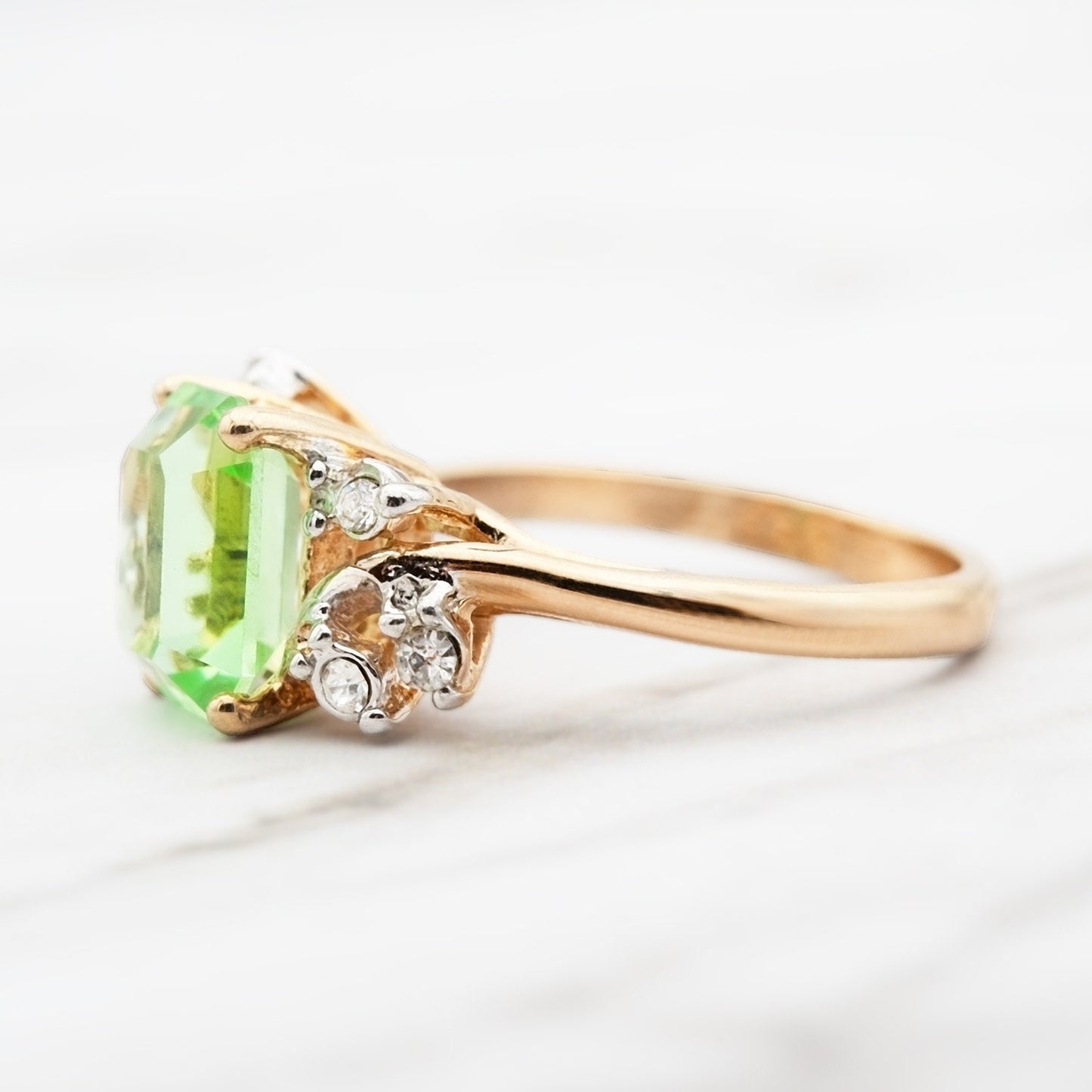 Vintage 1980s Emerald Cut Peridot Austrian Crystal Ring – 18k Gold Electroplated jewelry image 1