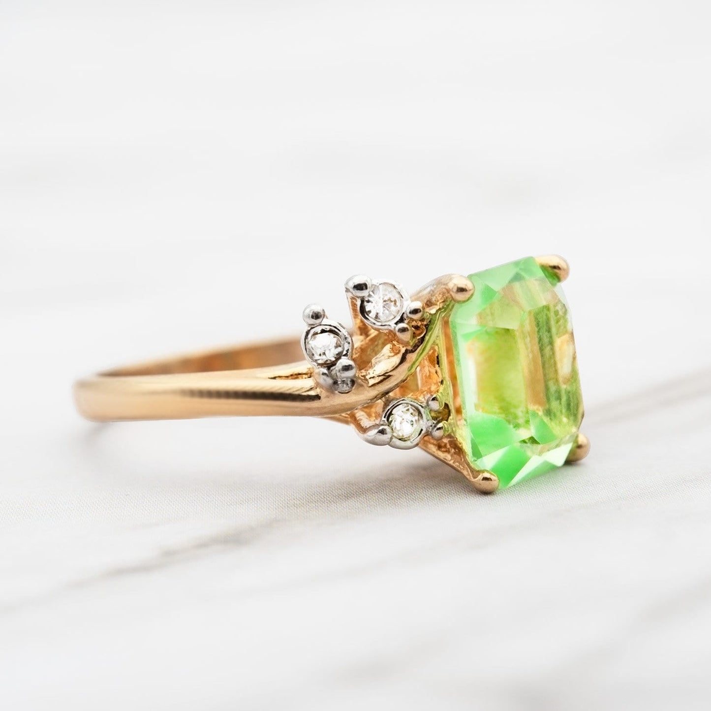 Vintage 1980s Emerald Cut Peridot Austrian Crystal Ring – 18k Gold Electroplated jewelry image 1