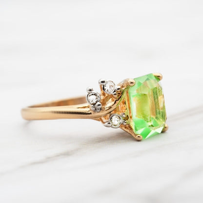 Vintage 1980s Emerald Cut Peridot Austrian Crystal Ring – 18k Gold Electroplated jewelry image 1