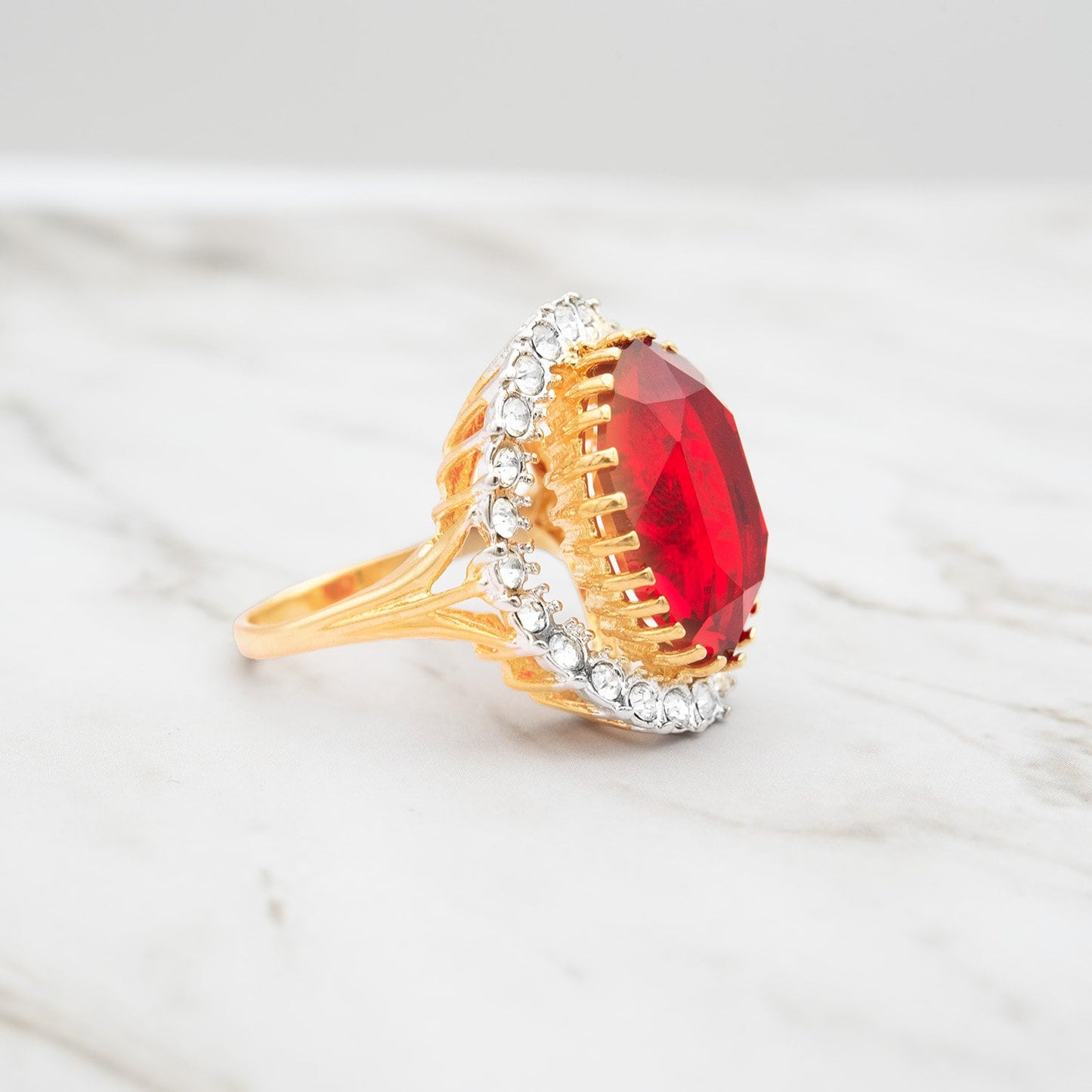 Vintage Ruby Red Austrian Crystal Cocktail Ring - 18k Gold Electroplated Statement Ring jewelry image 1
