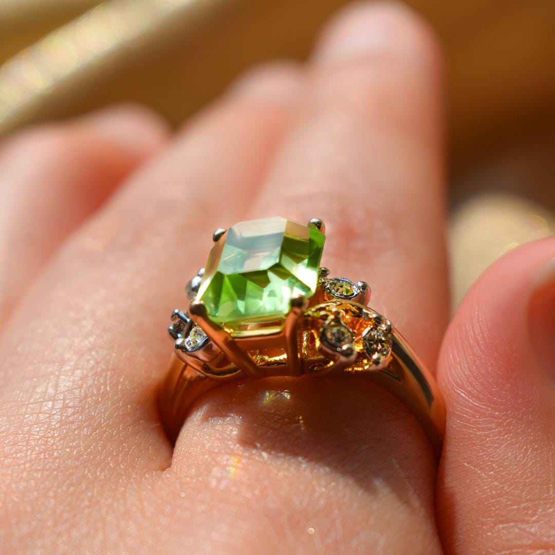 Vintage 1980s Emerald Cut Peridot Austrian Crystal Ring – 18k Gold Electroplated jewelry image 1