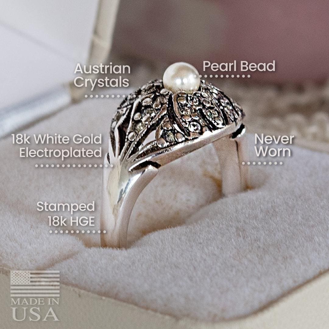 Vintage 1970s Edwardian Style 18k White Gold Electroplated Princess Ring with Austrian Crystals and Glass Pearl jewelry image 1