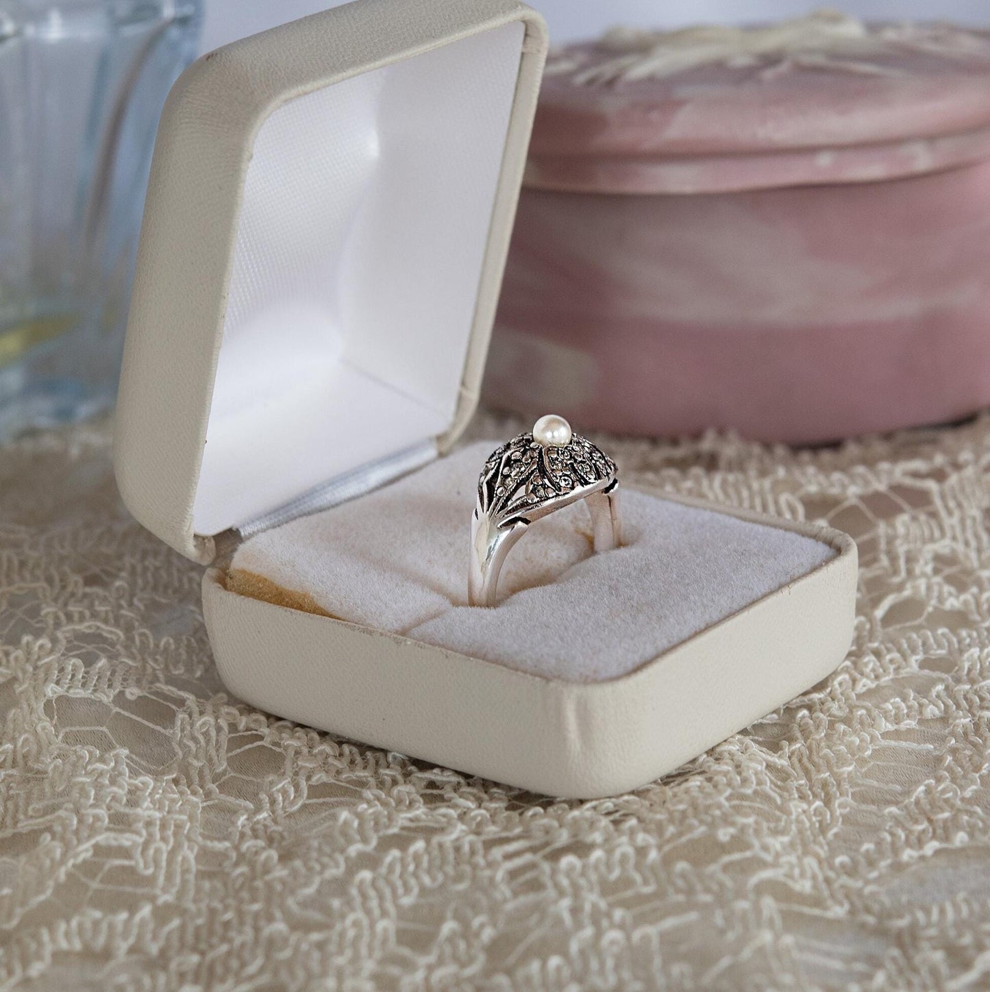 Vintage 1970s Edwardian Style 18k White Gold Electroplated Princess Ring with Austrian Crystals and Glass Pearl jewelry image 1