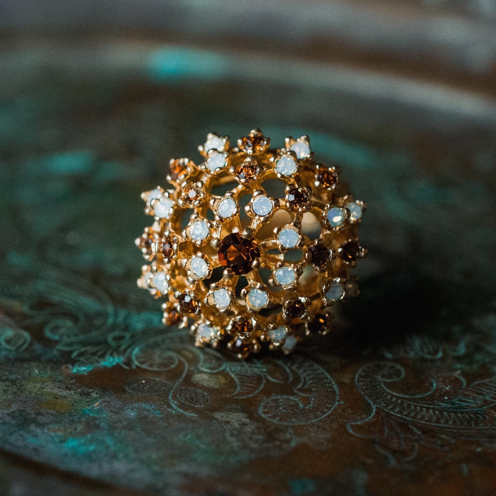 Vintage Smokey Topaz Crystal and Pinfire Opal Burst Ring – 18k Yellow Gold Electroplated, Made in USA jewelry image 1