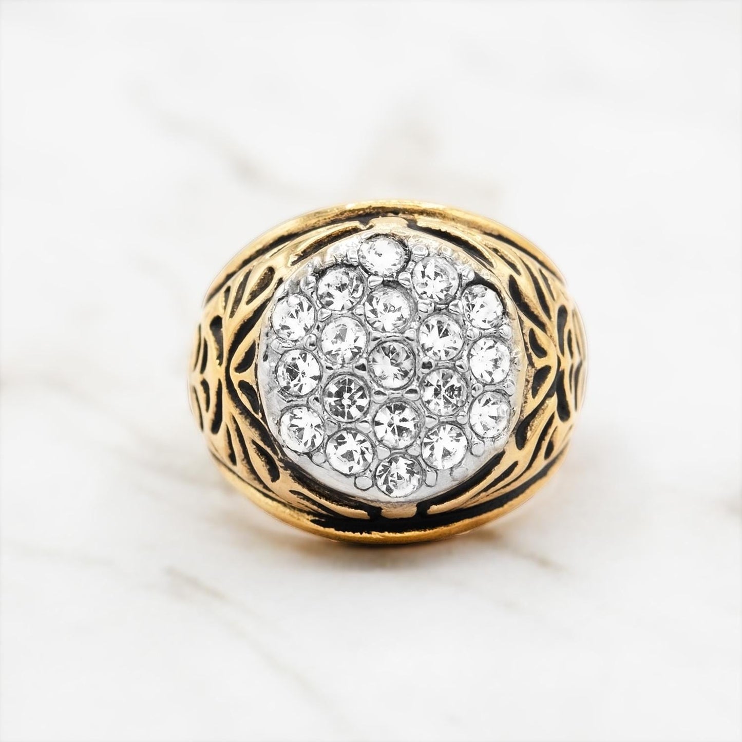 Vintage 1980s Antiqued 18K Yellow Gold Electroplated Ring with Clear Austrian Crystals jewelry image 1
