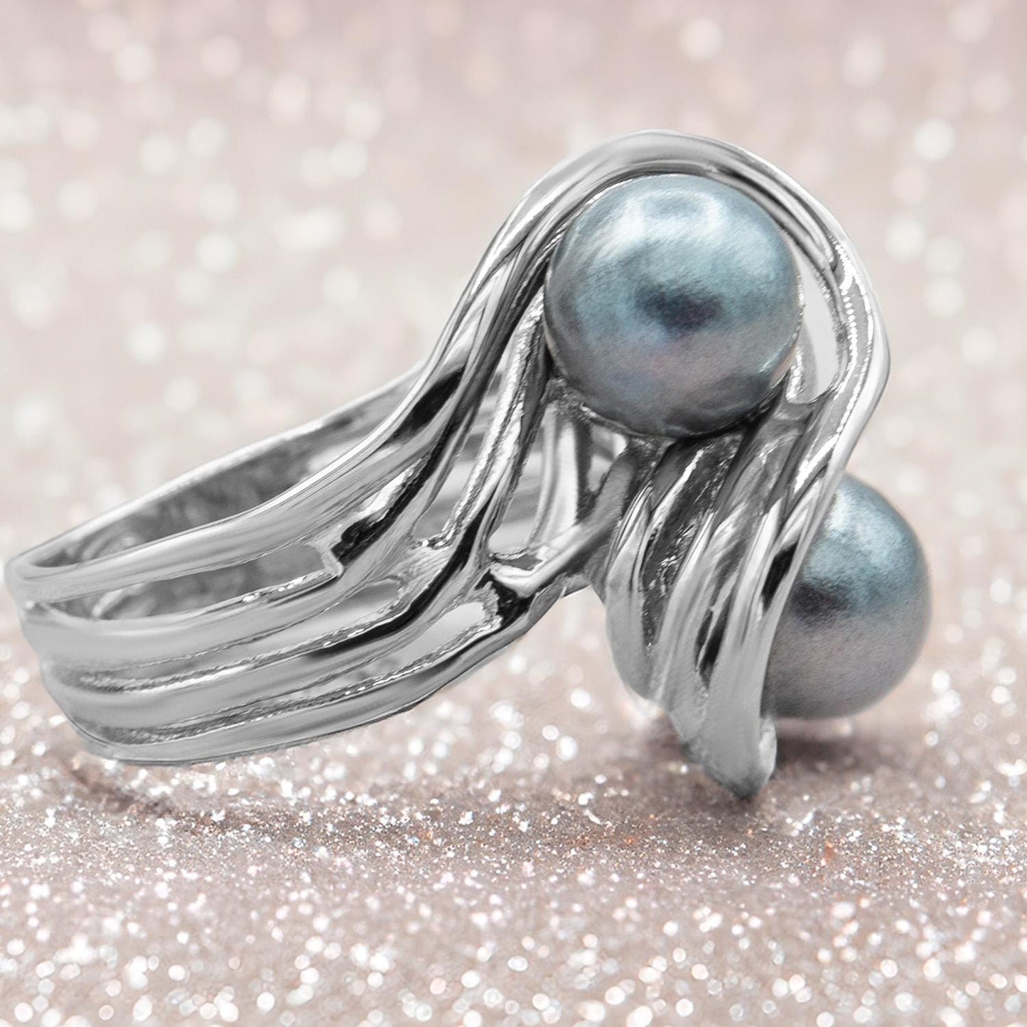 Vintage 1970s Gray Glass Pearl Bypass Ring - 18k White Gold Electroplated - Made in USA jewelry image 1
