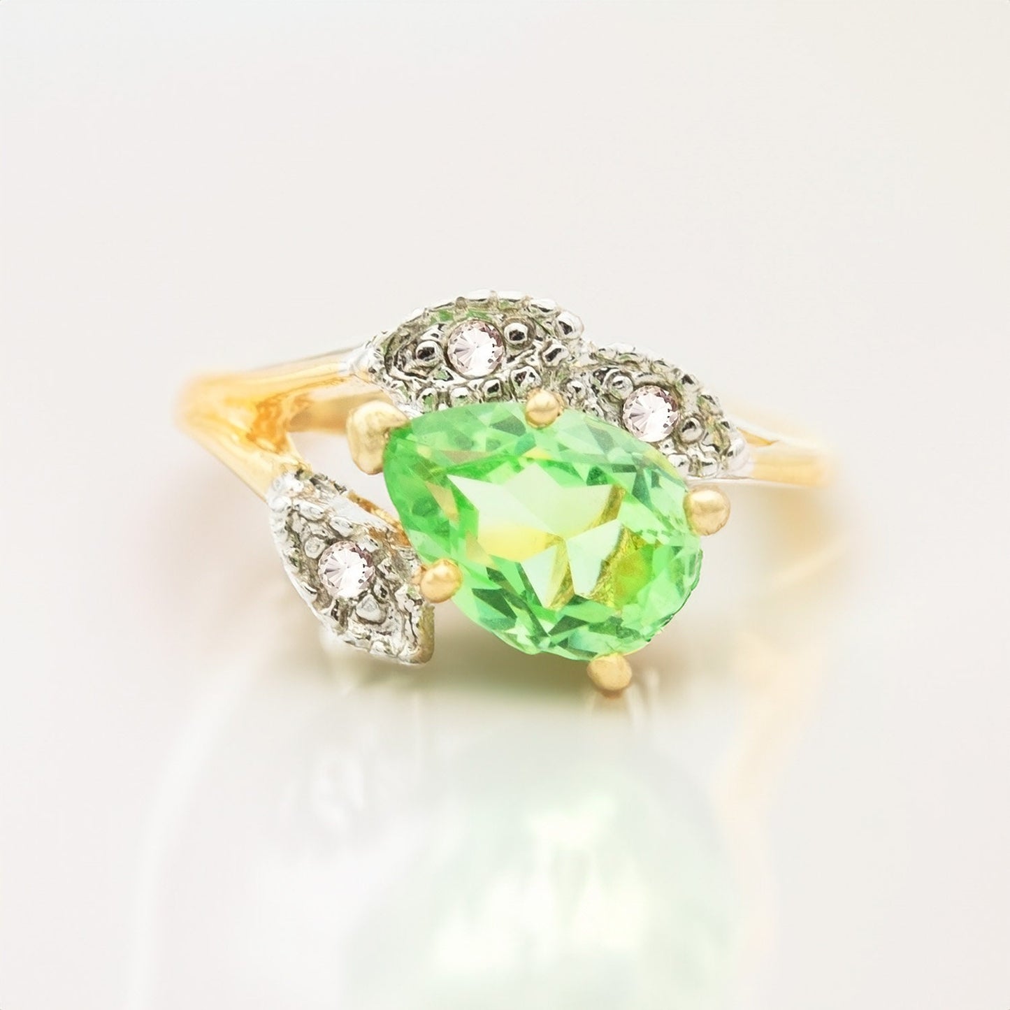 Vintage Peridot Green Austrian Crystal Pear Cut Ring - 18k Gold Electroplated with Clear Crystal Accents jewelry image 1