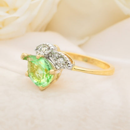 Vintage Peridot Green Austrian Crystal Pear Cut Ring - 18k Gold Electroplated with Clear Crystal Accents jewelry image 1