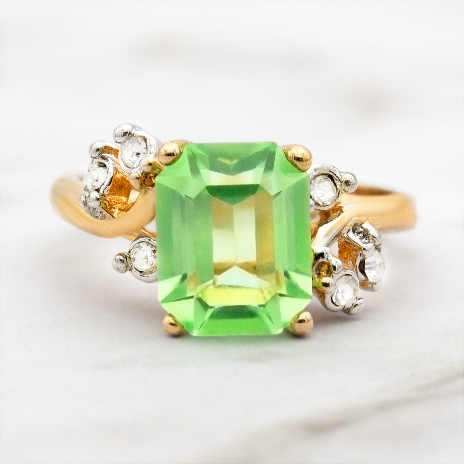 Vintage 1980s Emerald Cut Peridot Austrian Crystal Ring – 18k Gold Electroplated jewelry image 1