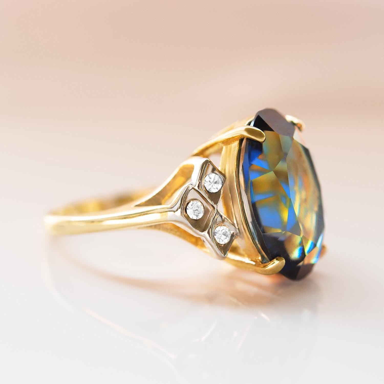 Vintage 1970s Sapphire Blue Austrian Crystal Cocktail Ring - 18k Gold Electroplated #R1928 jewelry image 1