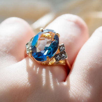 Vintage 1970s Sapphire Blue Austrian Crystal Cocktail Ring - 18k Gold Electroplated #R1928 jewelry image 1