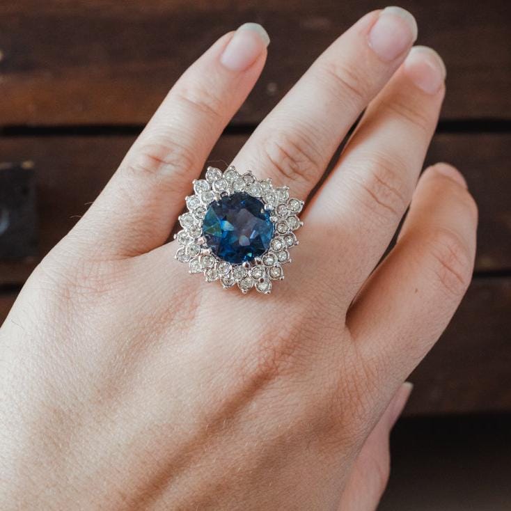 Vintage Sapphire & Clear Austrian Crystal Cluster Ring – 18k White Gold Plated, Made in USA jewelry image 1