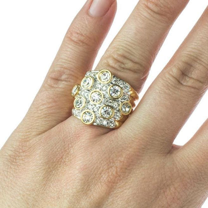 Vintage Pavé Clear Austrian Crystal Cocktail Ring - 18k Yellow Gold Electroplated - Made in USA jewelry image 1
