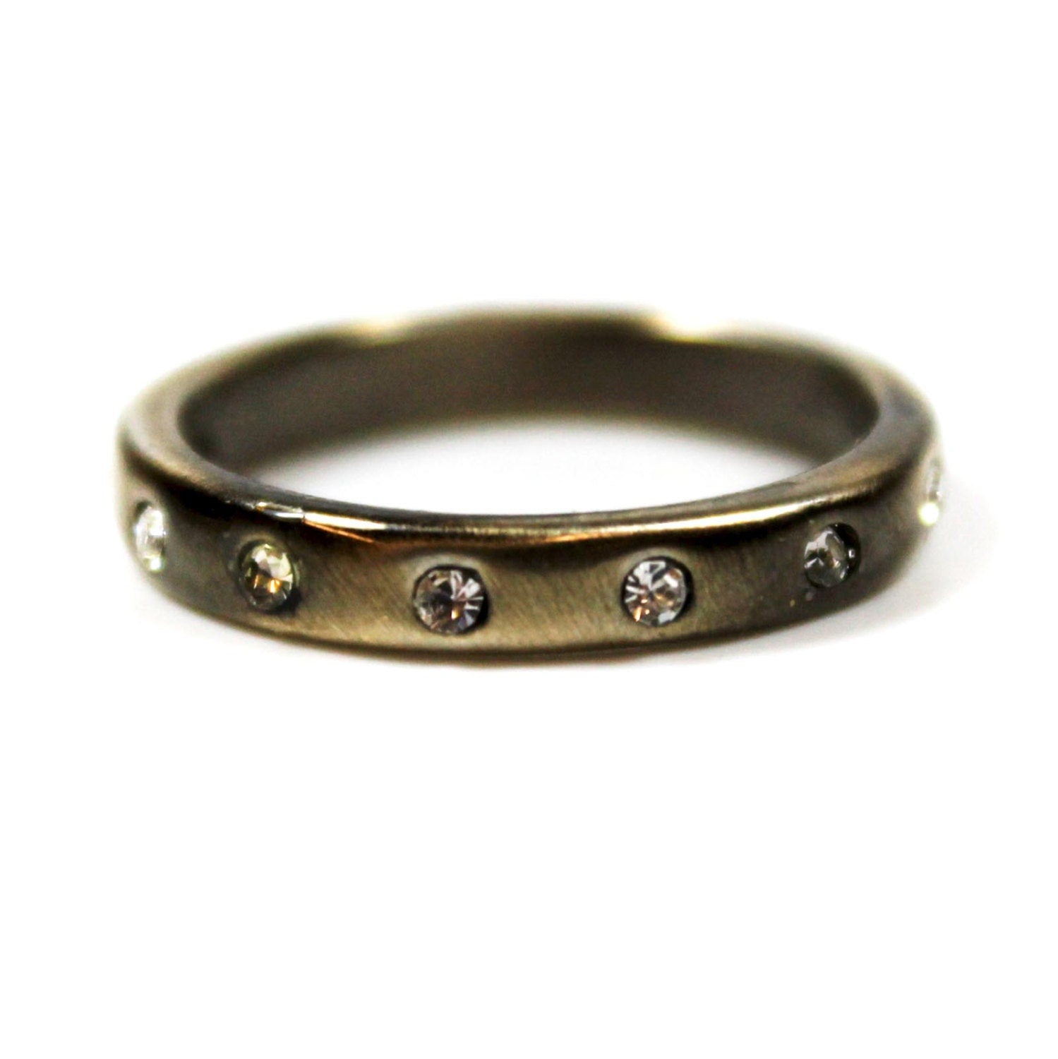 Vintage 1980s Brushed Oxidized Gold Stacking Band with Austrian Crystals - Made in USA jewelry image 1