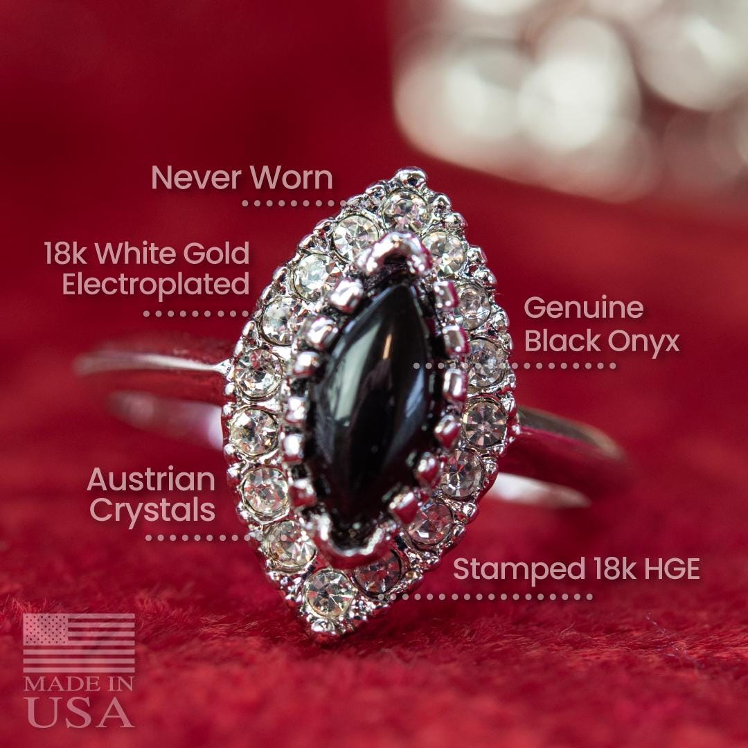 Vintage Genuine Black Onyx Marquise Ring with Clear Austrian Crystals – 18k White Gold Electroplated jewelry image 1