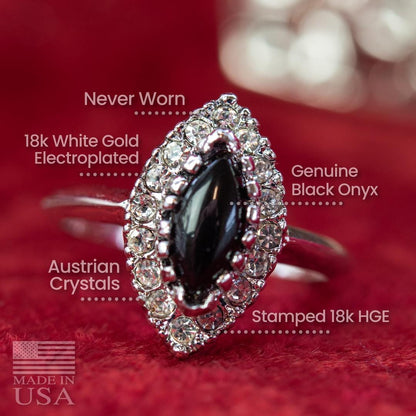 Vintage Genuine Black Onyx Marquise Ring with Clear Austrian Crystals – 18k White Gold Electroplated jewelry image 1