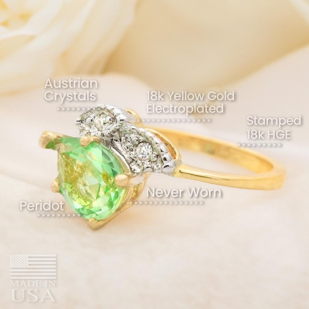 Vintage Peridot Green Austrian Crystal Pear Cut Ring - 18k Gold Electroplated with Clear Crystal Accents jewelry image 1