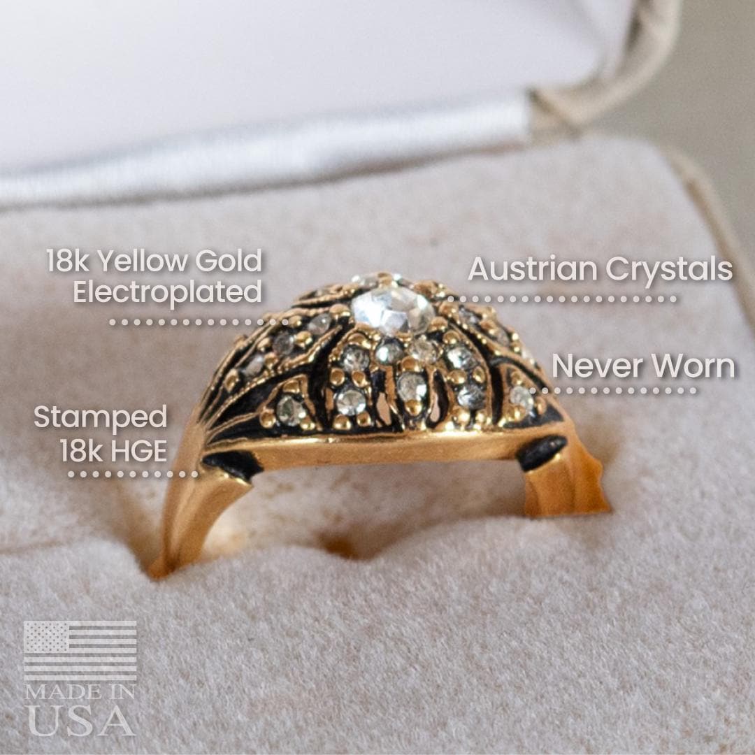 Vintage 1970s Edwardian Style Princess Ring - 18k HGE Antiqued Yellow Gold with Austrian Crystals and Glass Pearl jewelry image 1