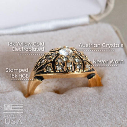 Vintage 1970s Edwardian Style Princess Ring - 18k HGE Antiqued Yellow Gold with Austrian Crystals and Glass Pearl jewelry image 1