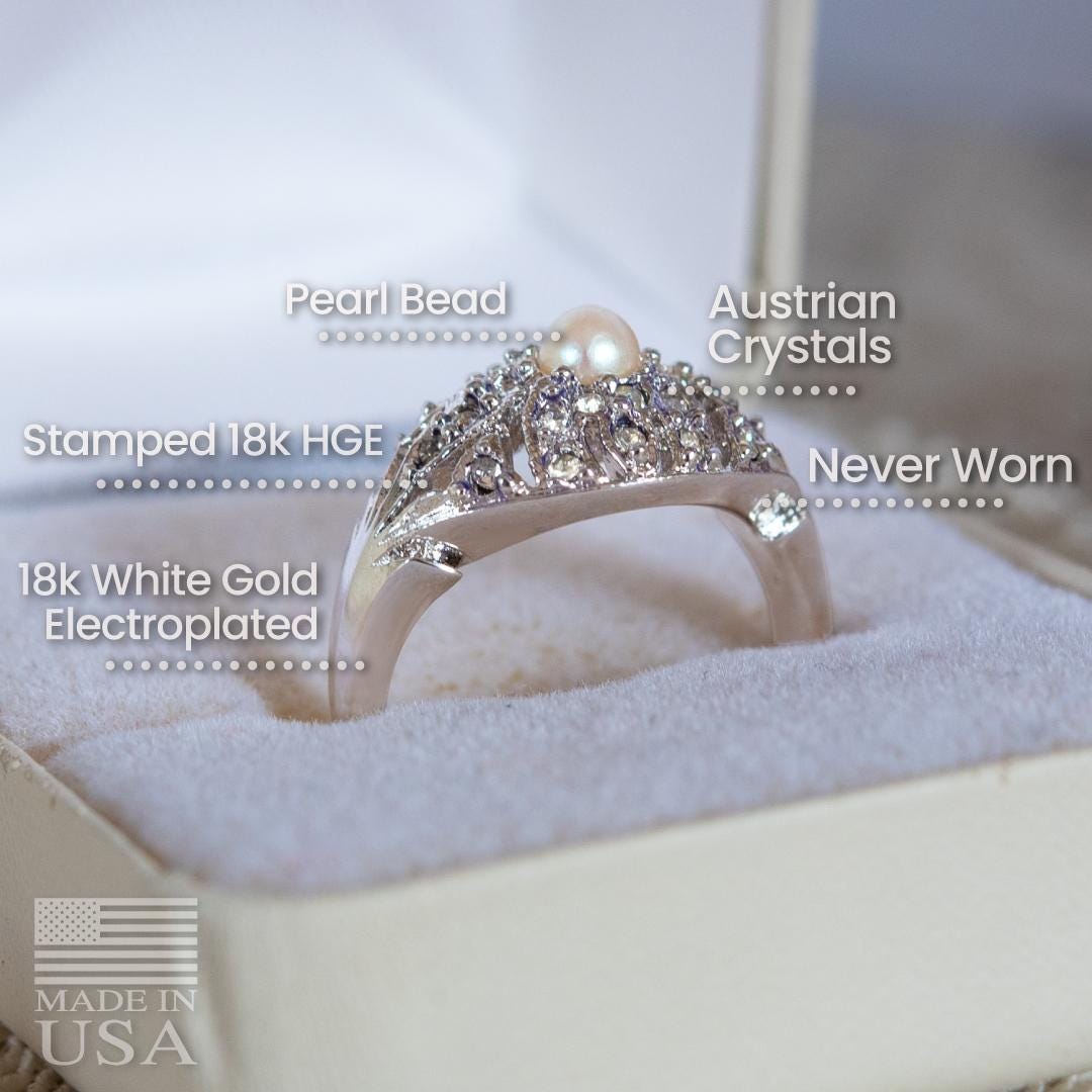 Vintage 1970s Edwardian Style Princess Ring – 18k White Gold Electroplated with Austrian Crystals and Glass Pearl jewelry image 1