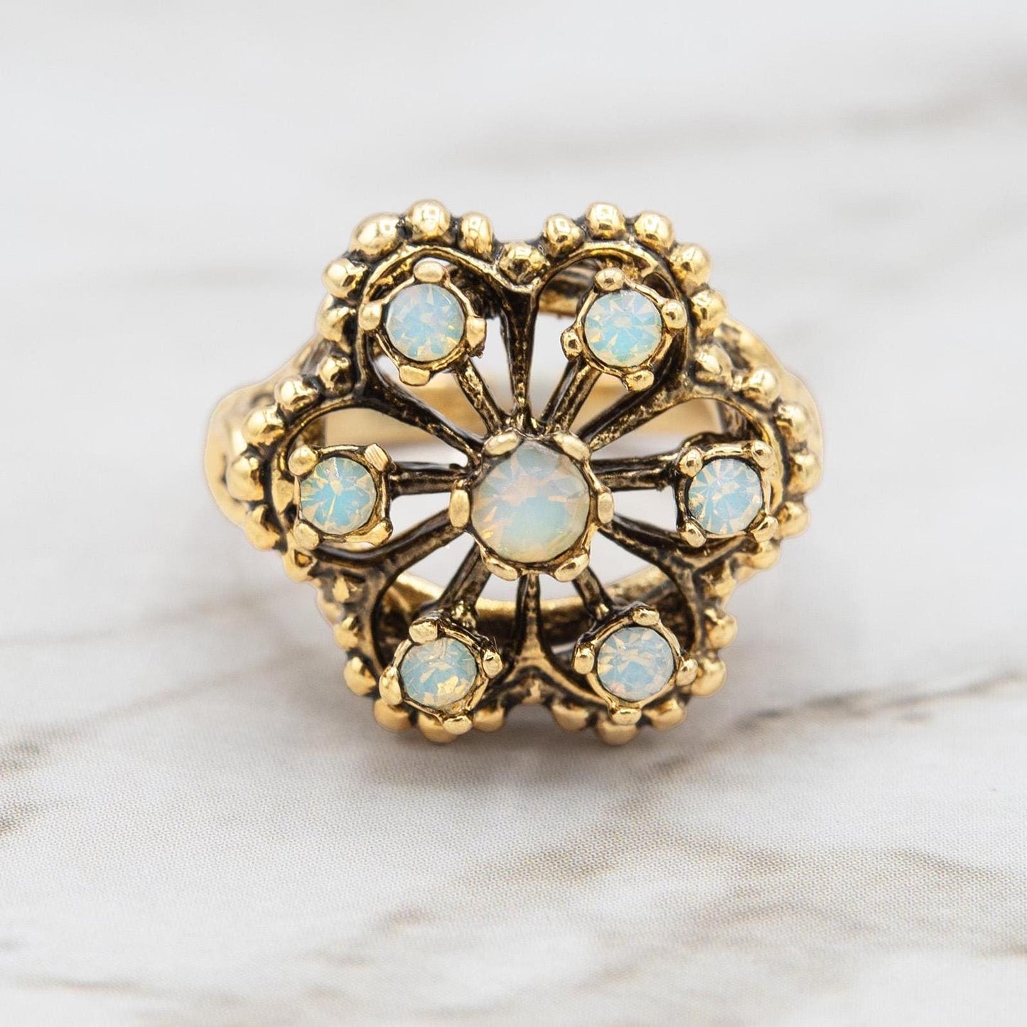 Vintage 1970s Filigree Ring with Pinfire Opals - 18k Gold Electroplated - Made in USA jewelry image 1