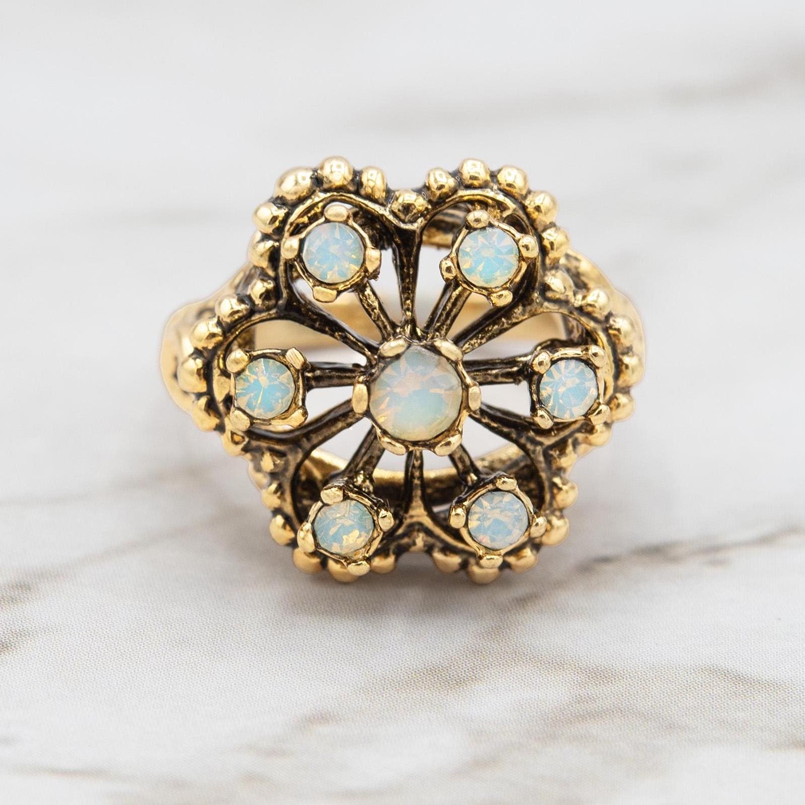 Vintage 1970s Filigree Ring with Pinfire Opals - 18k Gold Electroplated - Made in USA jewelry image 1