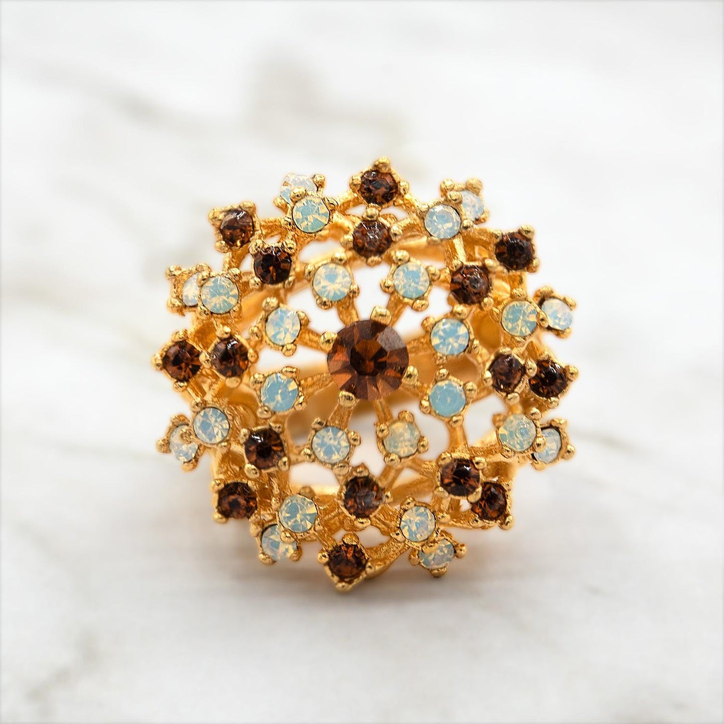 Vintage Smokey Topaz Crystal and Pinfire Opal Burst Ring – 18k Yellow Gold Electroplated, Made in USA jewelry image 1