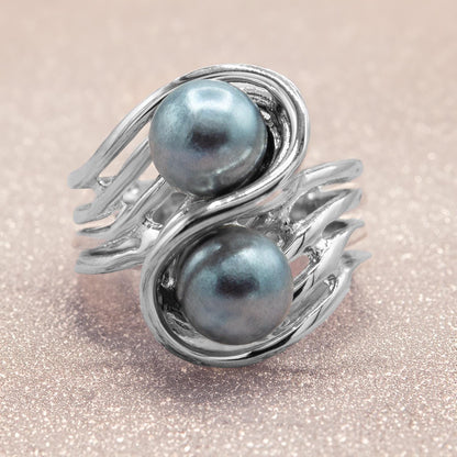 Vintage 1970s Gray Glass Pearl Bypass Ring - 18k White Gold Electroplated - Made in USA jewelry image 1