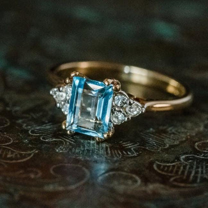 Vintage 1980s Aquamarine and Clear Crystal Ring – 18k Gold Electroplated Band – March Birthstone jewelry image 1
