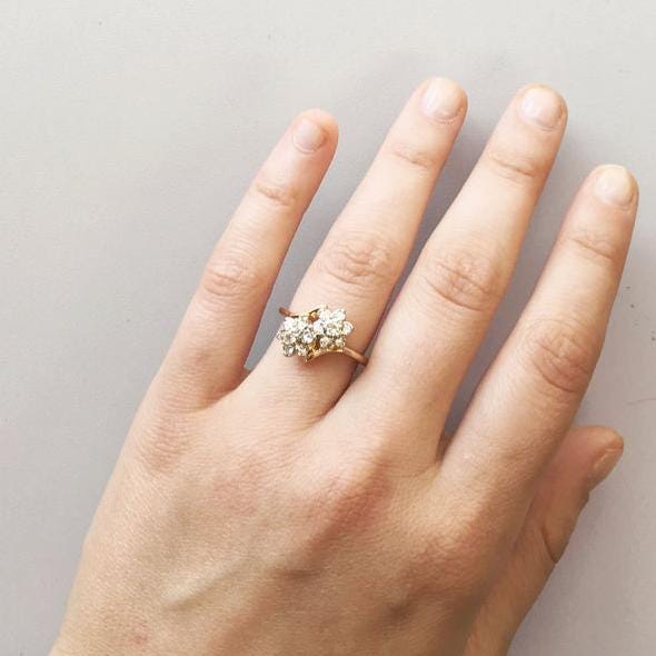 Vintage 1970s Double Flower Cluster Ring with Clear Austrian Crystals - 18k Gold Electroplated - Made in USA jewelry image 1