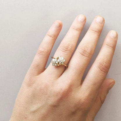 Vintage 1970s Double Flower Cluster Ring with Clear Austrian Crystals - 18k Gold Electroplated - Made in USA jewelry image 1