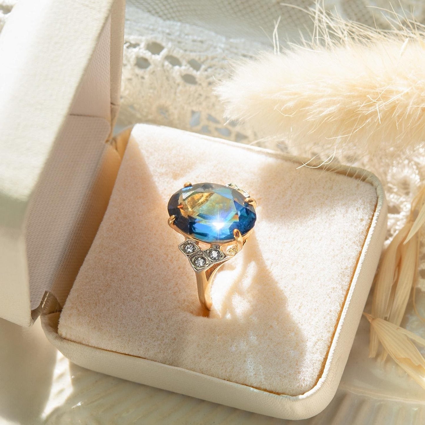 Vintage 1970s Sapphire Blue Austrian Crystal Cocktail Ring - 18k Gold Electroplated #R1928 jewelry image 1