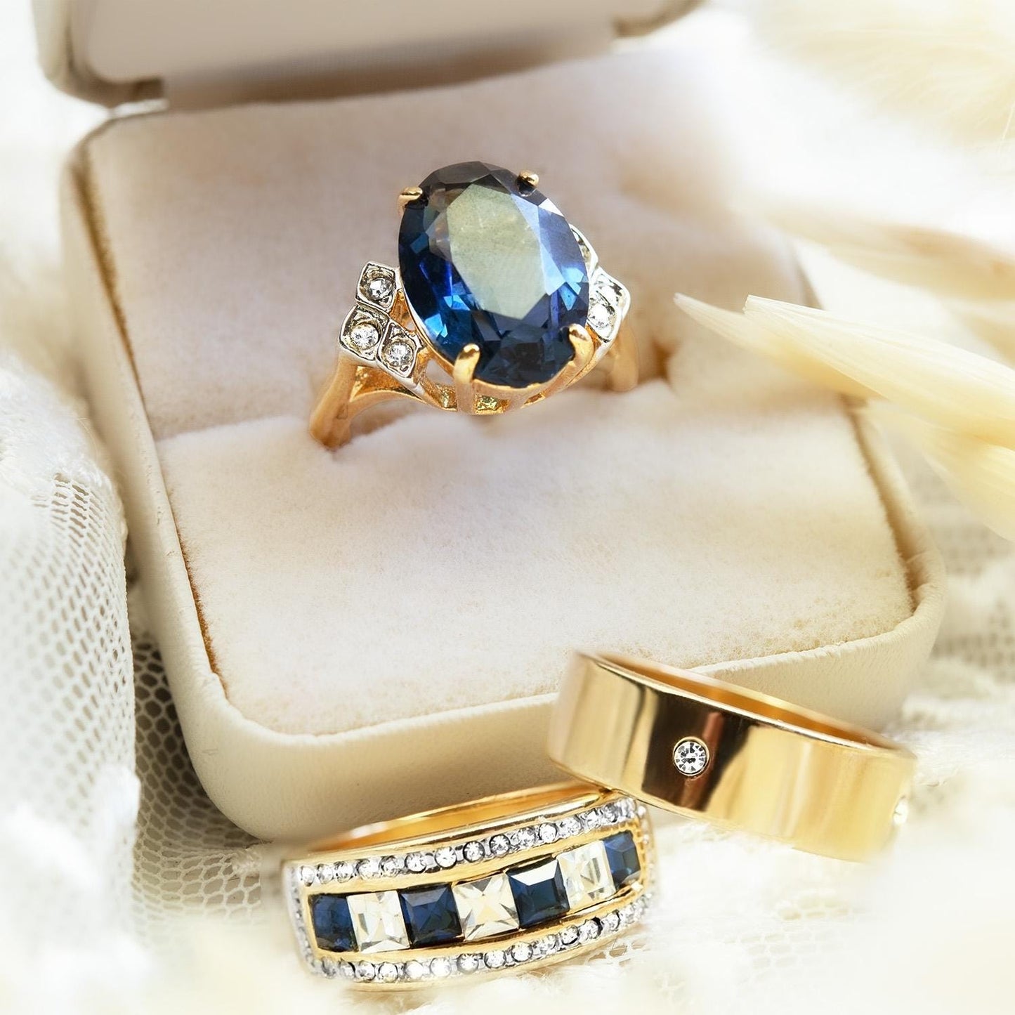 Vintage 1970s Sapphire Blue Austrian Crystal Cocktail Ring - 18k Gold Electroplated #R1928 jewelry image 1