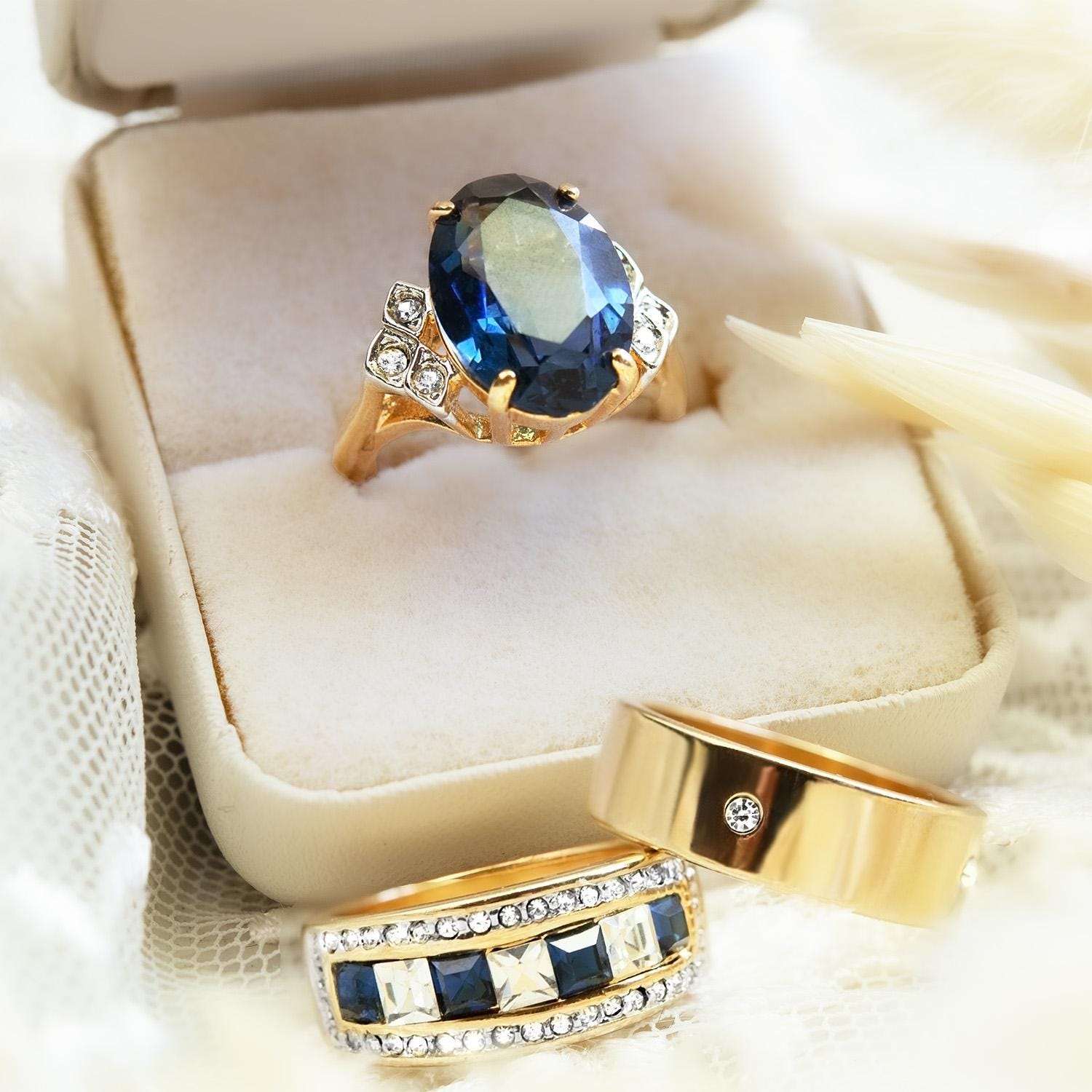 Vintage 1970s Sapphire Blue Austrian Crystal Cocktail Ring - 18k Gold Electroplated #R1928 jewelry image 1