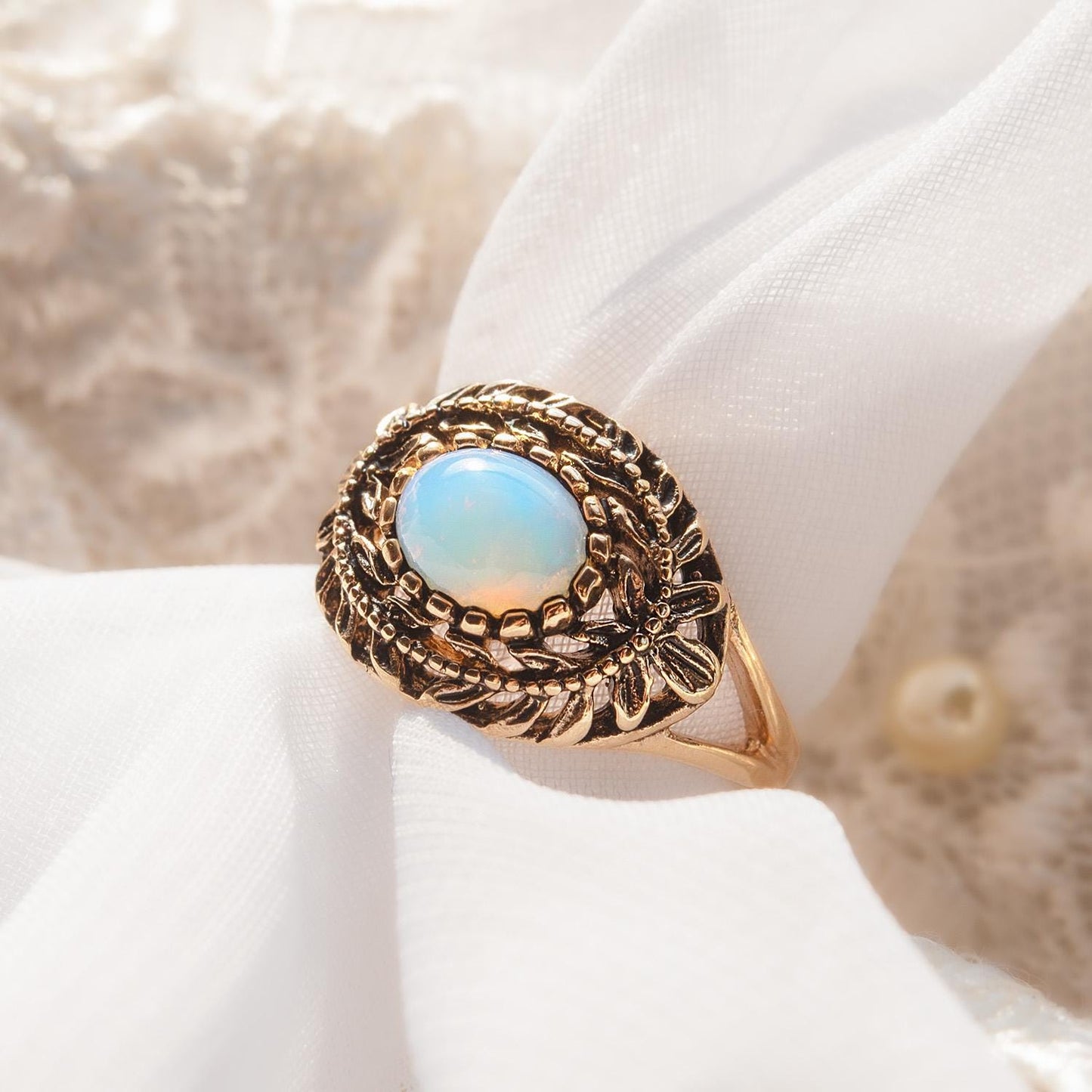 Vintage Pinfire Opal Cocktail Ring – 7x5mm Oval Cut, 18k HGE Gold Electroplated, Made in USA jewelry image 1