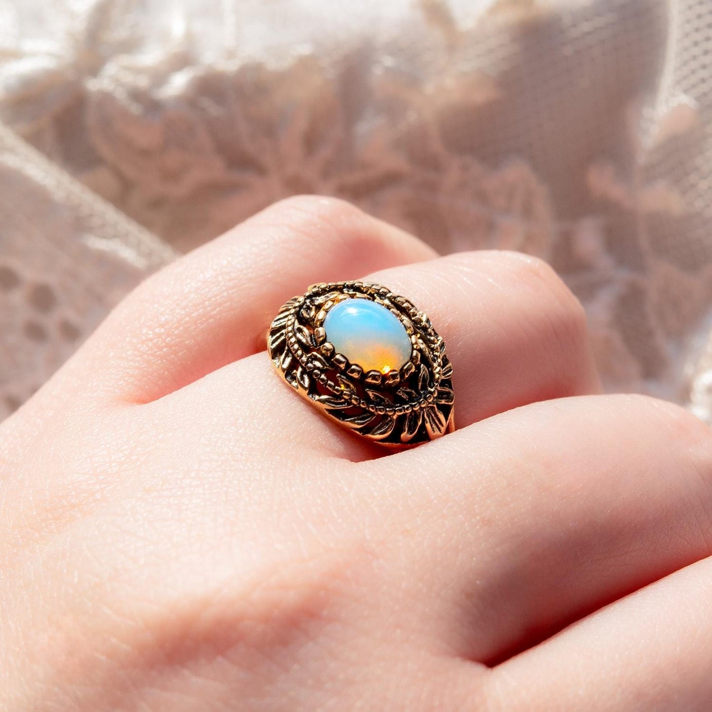 Vintage Pinfire Opal Cocktail Ring – 7x5mm Oval Cut, 18k HGE Gold Electroplated, Made in USA jewelry image 1