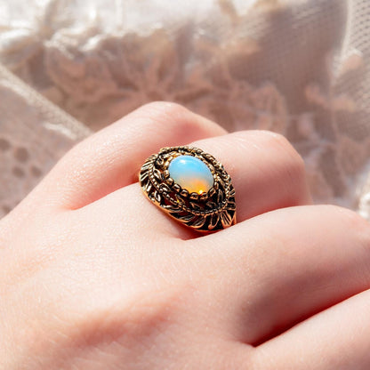 Vintage Pinfire Opal Cocktail Ring – 7x5mm Oval Cut, 18k HGE Gold Electroplated, Made in USA jewelry image 1