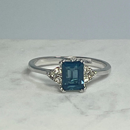 Addison Vintage 1980s Emerald Cut Sapphire & Austrian Crystal Ring - 18k White Gold Electroplated jewelry image 1