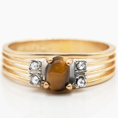 Vintage 1980s Genuine Tiger Eye Ring with Austrian Crystals – 18kt Yellow Gold Electroplated jewelry image 1