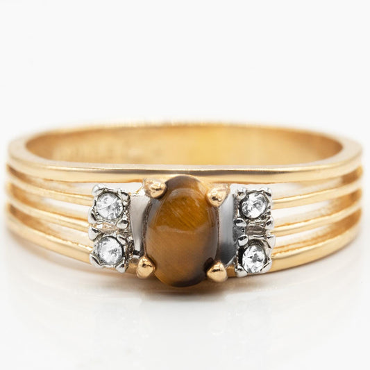 Vintage 1980s Genuine Tiger Eye Ring with Austrian Crystals – 18kt Yellow Gold Electroplated jewelry image 1