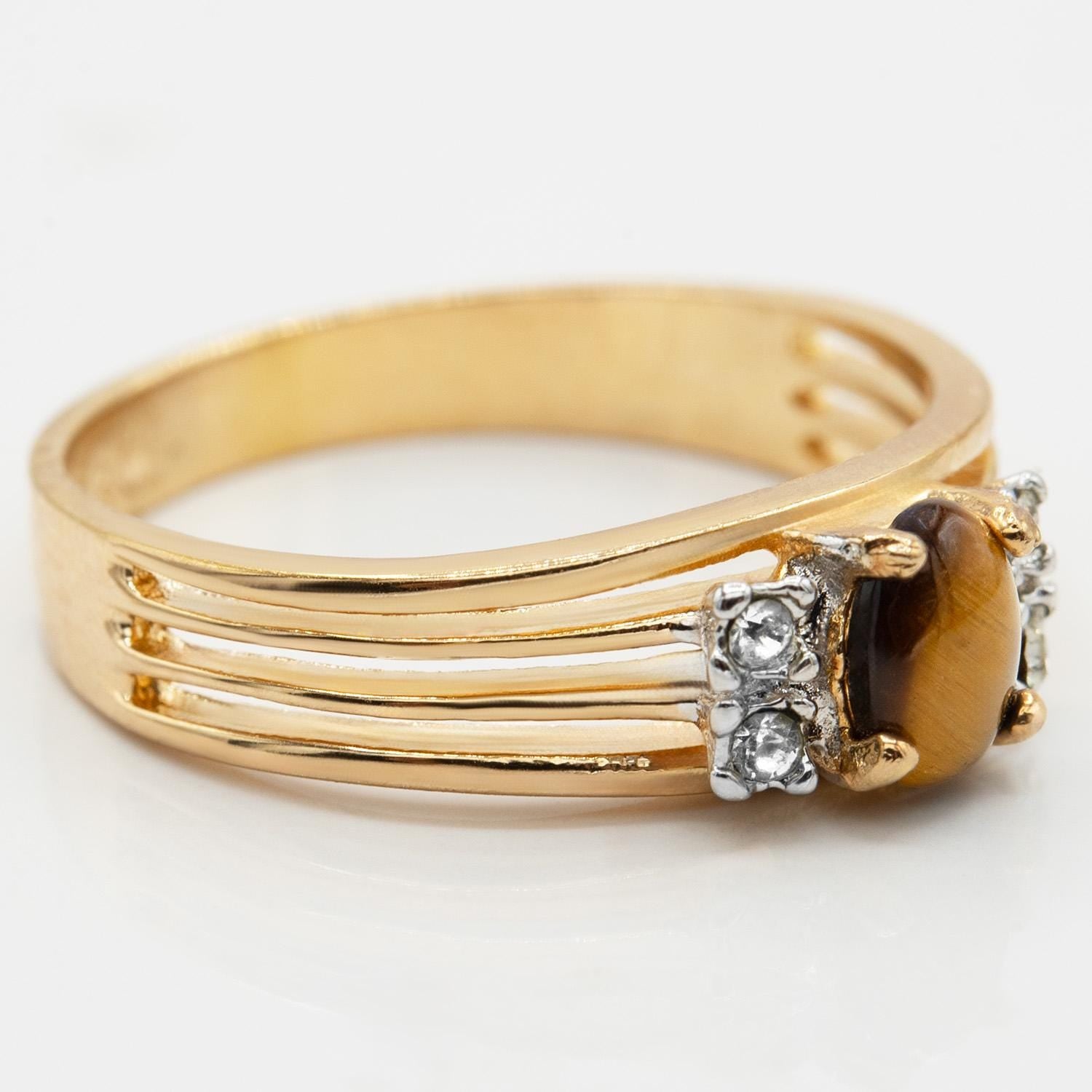 Vintage 1980s Genuine Tiger Eye Ring with Austrian Crystals – 18kt Yellow Gold Electroplated jewelry image 1